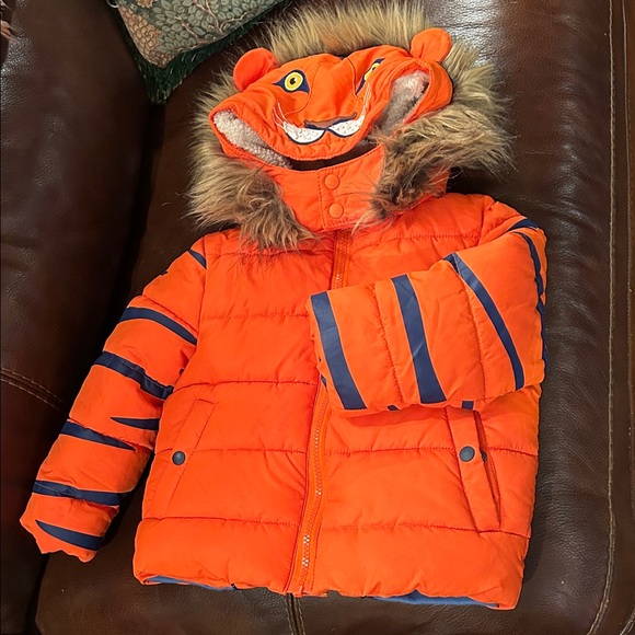 Mini Boden Other - Mini Boden Orange Tiger Puffer Jacket with Faux Fur